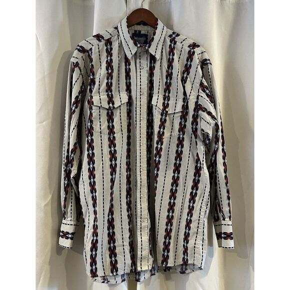Wrangler Vintage Western Blue Aztec Pearl‎ Snap Brushpopper Shirt - Picture 1 of 5